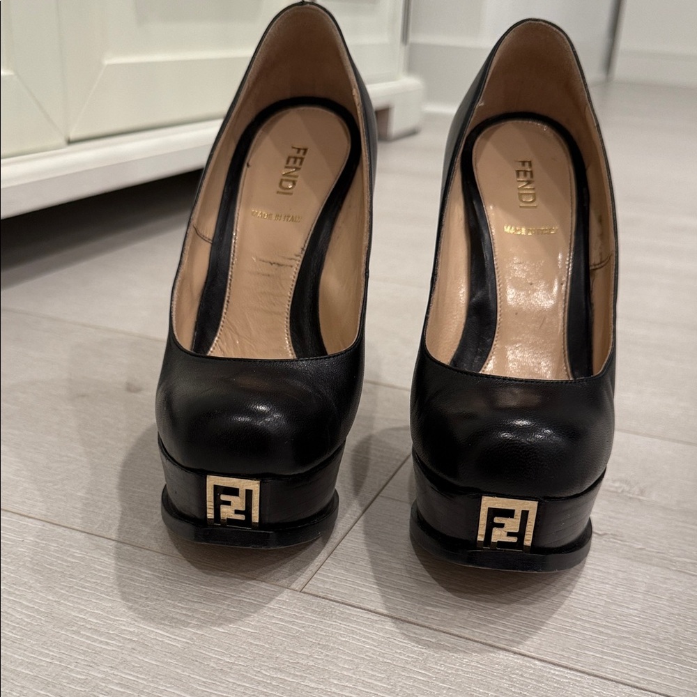 Fendi Black Leather Heels with Gold Accent